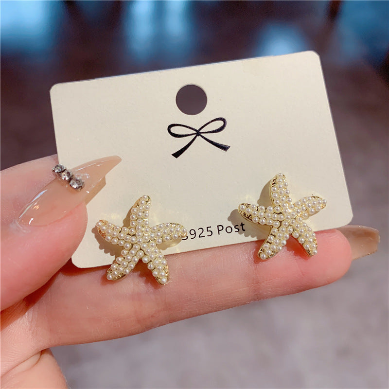 Women's Pearl Starfish Sier Needle Elegant Wild Earrings