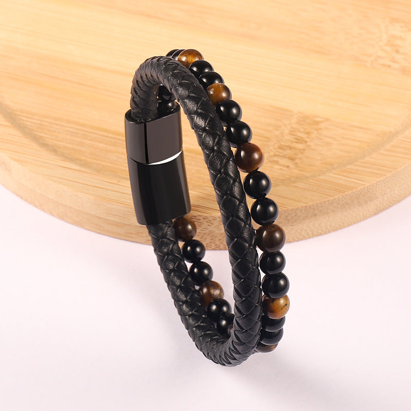 Men's Tiger Eye Beaded Genuine Leather Alloy Cowhide Bracelet