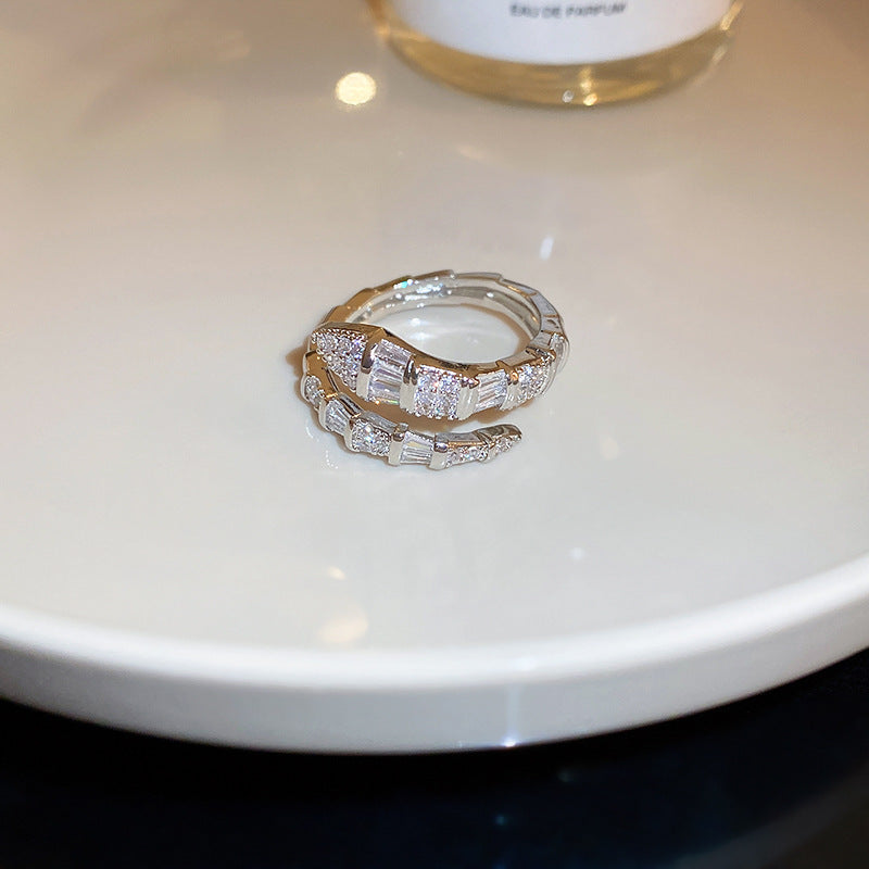 Women's Shining Diamond Snake-shaped Sier Open Advanced Texture Simple Trendy Cool Ring