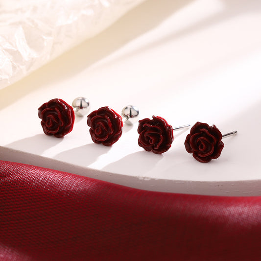 Cinnabar Red Rose Elegant National Style Bridal Little Earrings