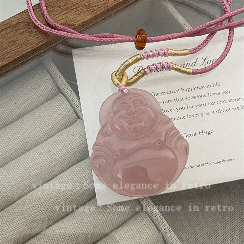 Natural Stone Chalcedony Lotus Root Pink Crystal Buddha Necklaces