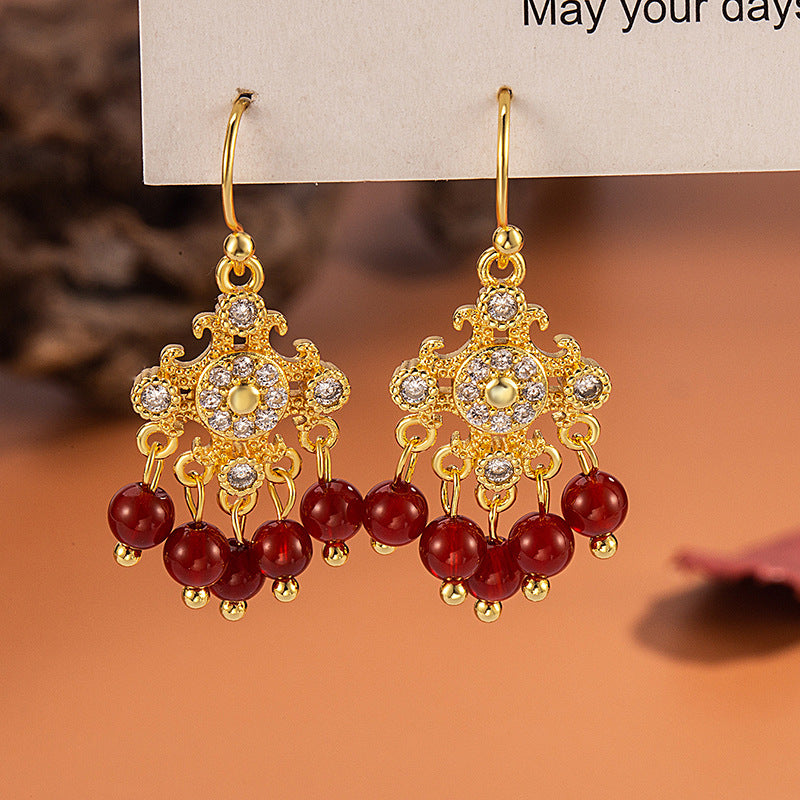 Women's Rhinestone Imitation Red Agate Tassel For Vintage Court Beaded Ear Earrings