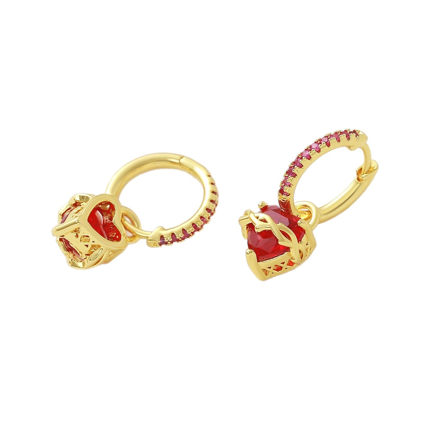 Women's Gold Red Love Heart Gem Thorn Inlaid Zircon Design Sense Earrings