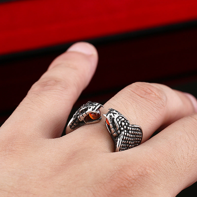 Men's Steel Warrior Retro Stainless Inlaid Zircon Opening Double-headed Ring