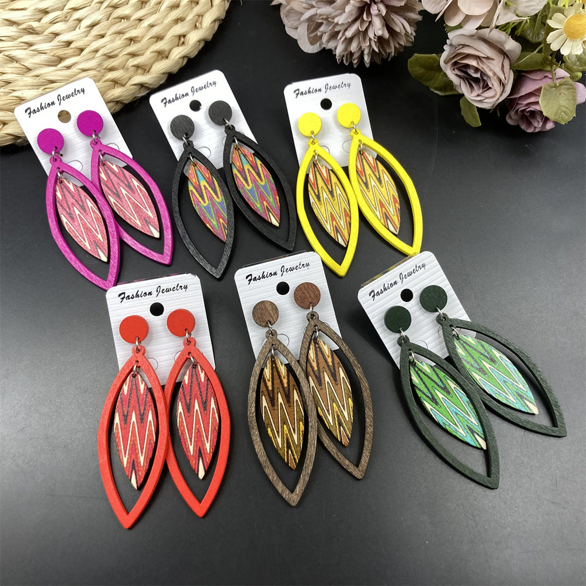 Bohemian High-key Eardrop Wooden Leaves Geometric Earrings