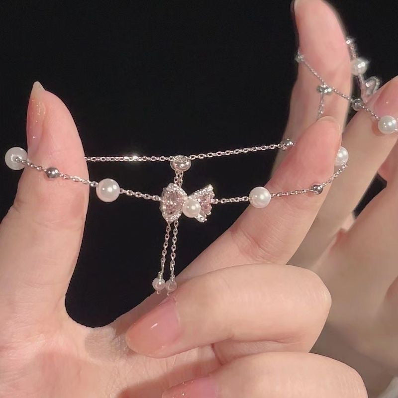 Women's Pearl Flower Refined Rhinestone Bow Love Style Bracelets