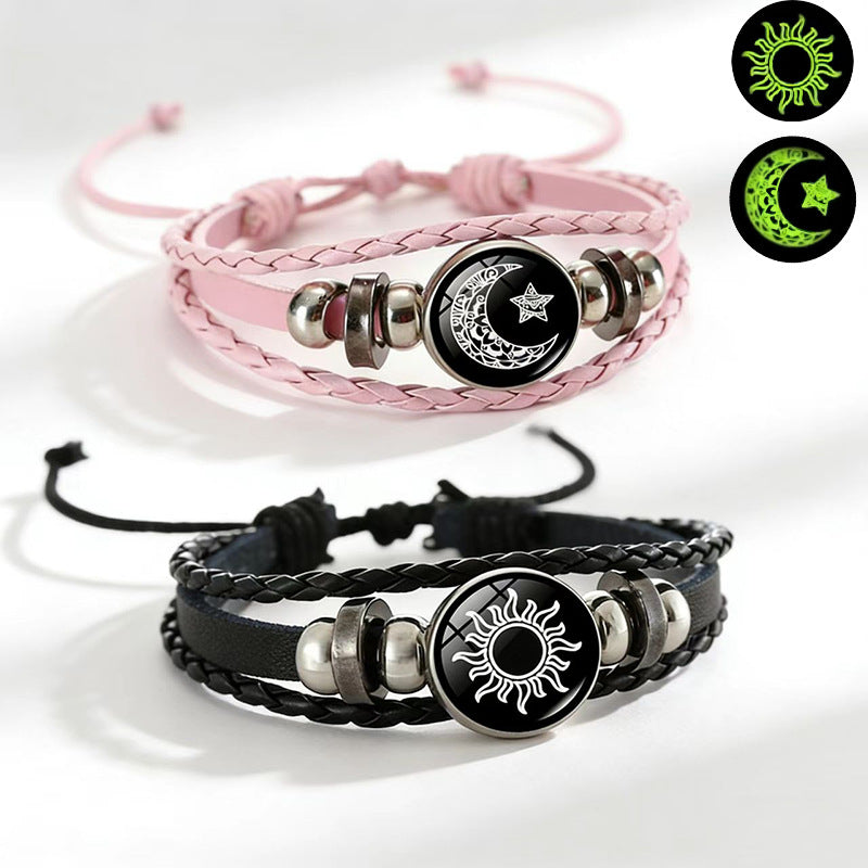 Sun Moon Lovers Time Stone Leather Unisex Woven Couple Gift Bracelet