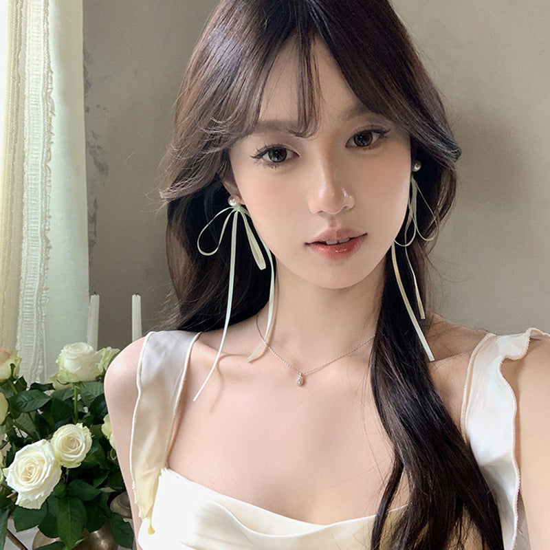 Women's Summer Ballet Style Long Fairy Bow Ribbon Pearl Unique Stud Earrings