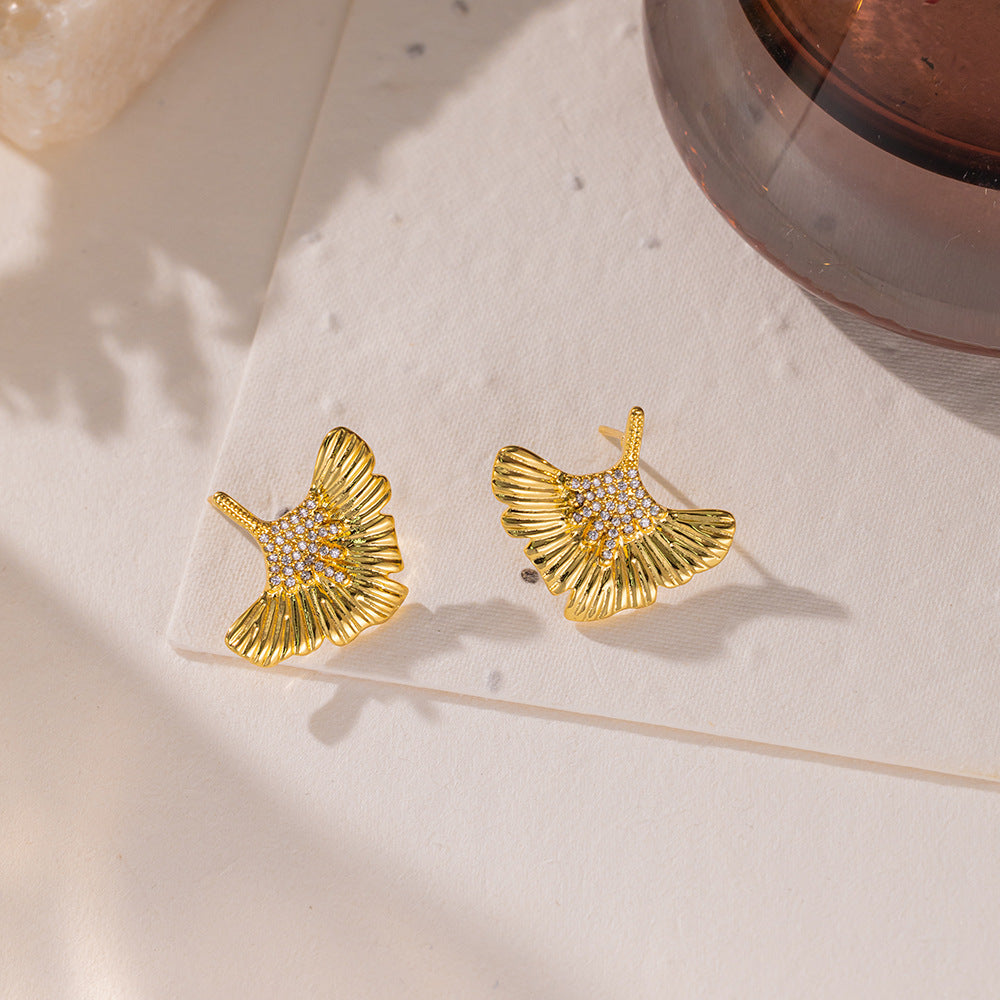Retro Fashion High-grade Inlaid Zircon Ginkgo Stud Earrings