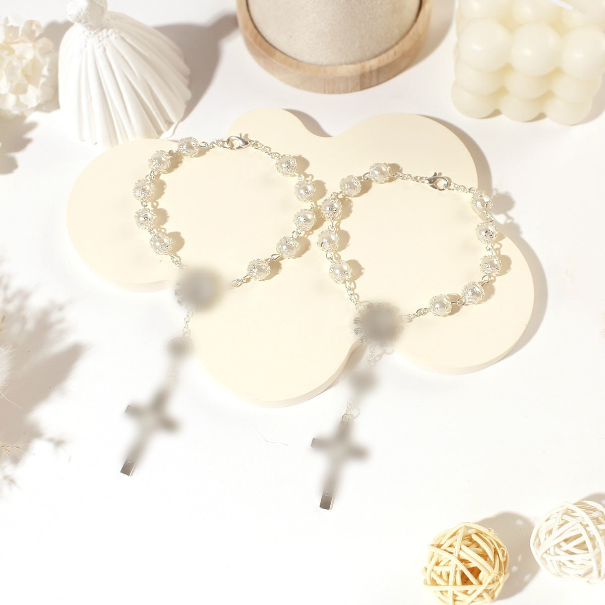 Gold Sier Color Lace Artificial Glass Pearl Baptism Cross Beaded Bracelets