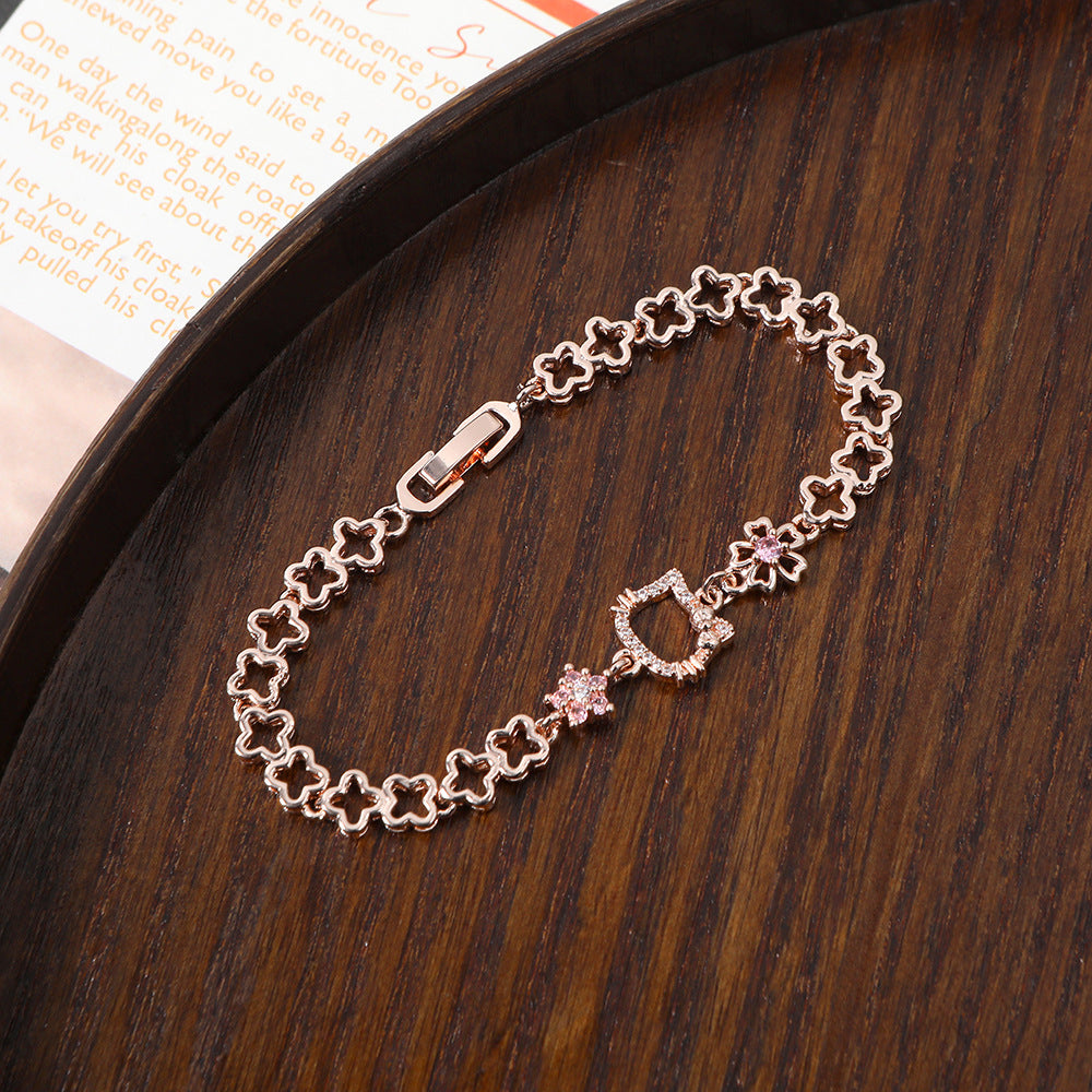 Cartoon Cat Pink Zircon Flower Girlfriends Birthday Bracelet