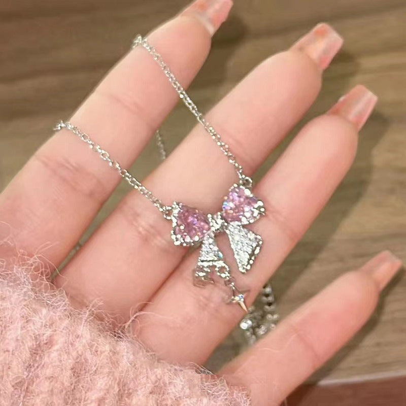 Pink Zircon Bow Niche Elegant Simple Light Necklaces