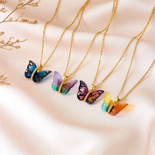 Steel Female Epoxy Color Simulation Butterfly Necklaces