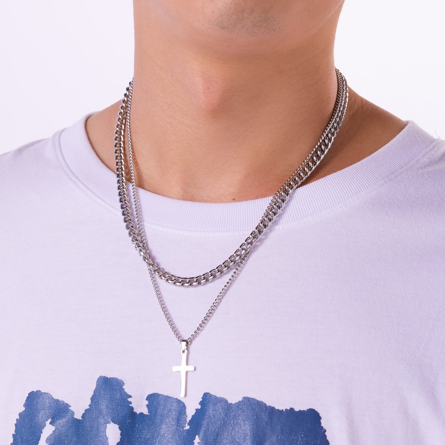 Cuban Stainless Steel Design Double Layer Twin Necklaces