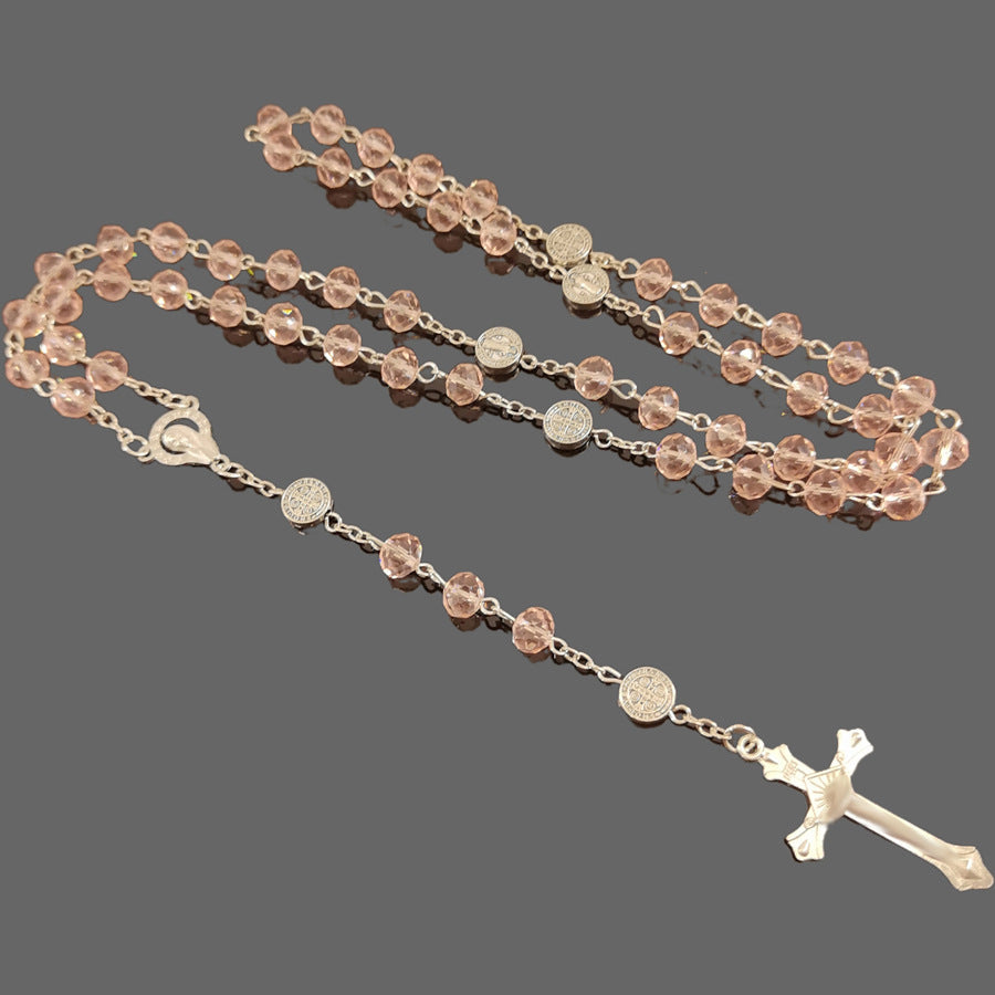 Crystal Cross Rosary Long Sweater Chain Necklace
