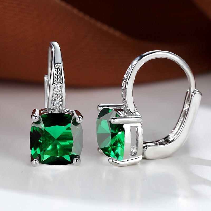 Women's Square Zircon Inlaid Ear Hook Korean Fashion Style Stud Earrings