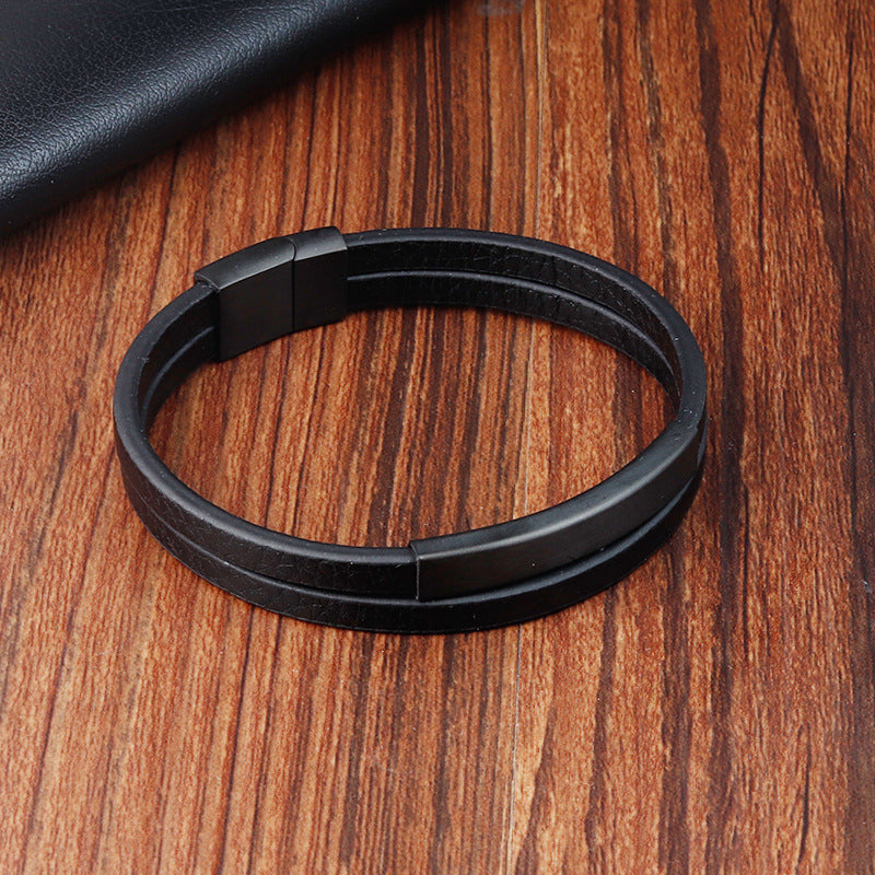 Men's Minimalist Creative Titanium Steel Leather Double Bracelet