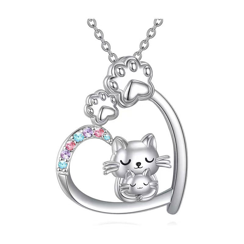 Kitty Cat's Paw Heart-shaped Colorful Crystals To Give Mom Mother's Necklace