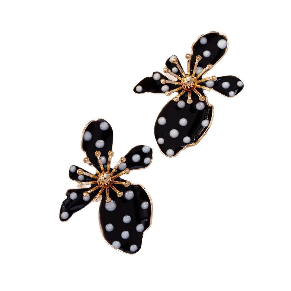 Women's Classic Black White Polka Dot Flower For Earrings