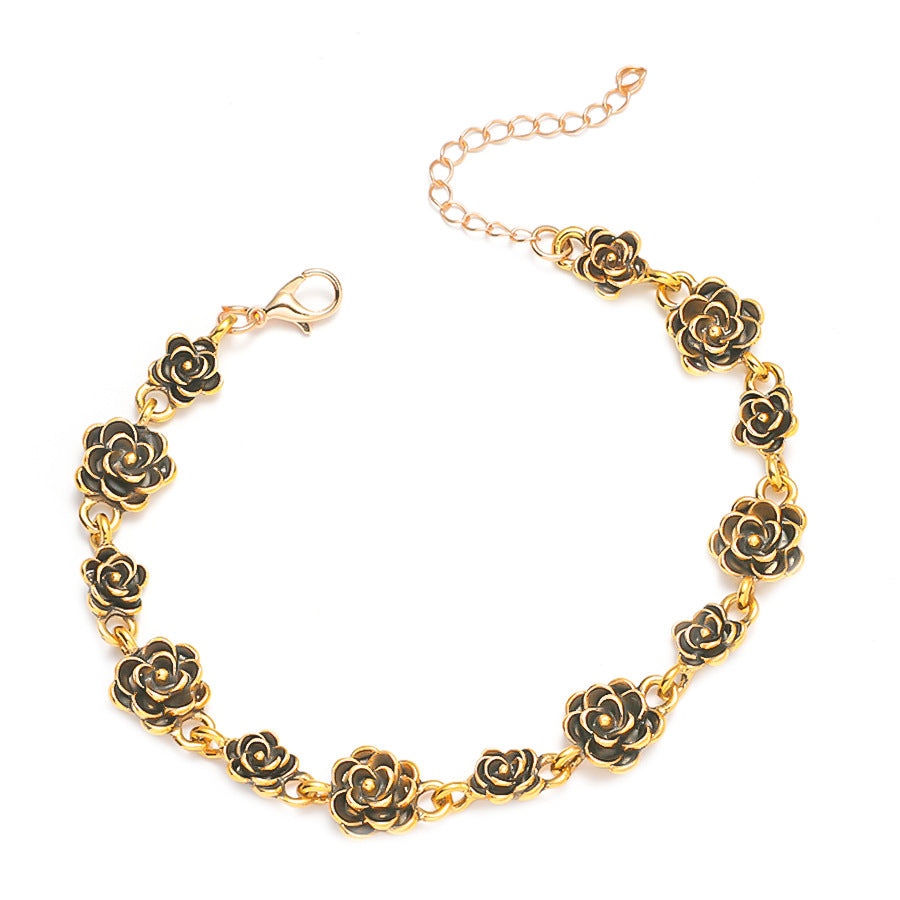 Women's Retro Distressed Rose Design Alloy Camellia Bracelets