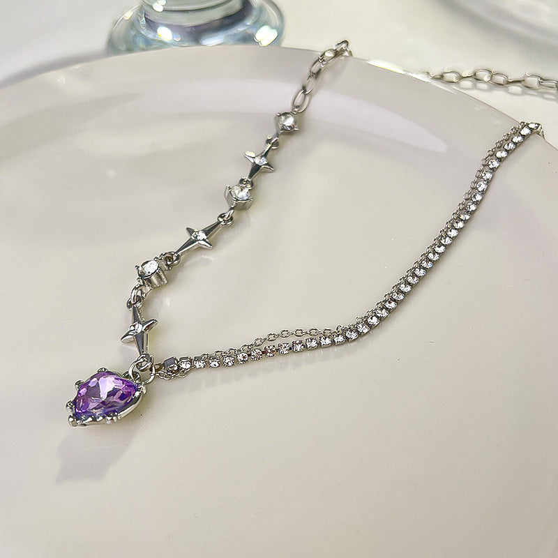 Women's Cool Hot Style Purple Rhinestone Heart Advanced Necklace
