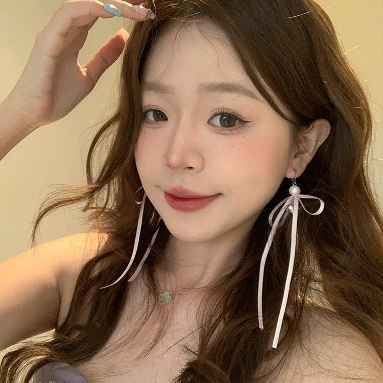 Niche Style Ribbon Bowknot Love Pink White Earrings