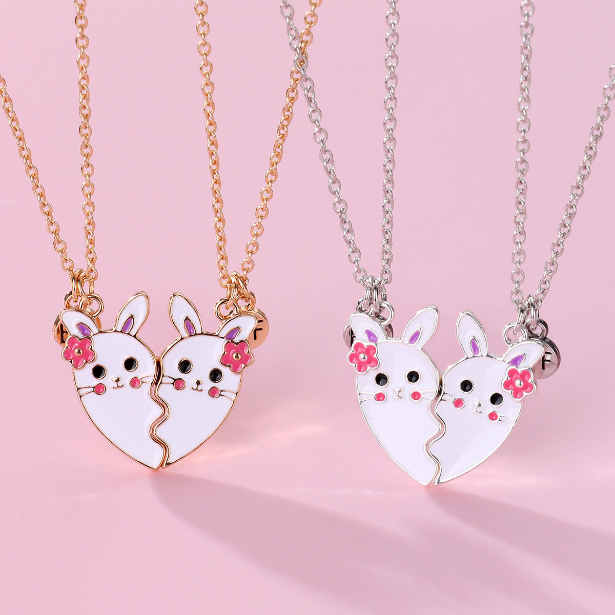 Children's Rabbit Cartoon Good Friends Heart-shaped Alloy Dripping Necklaces