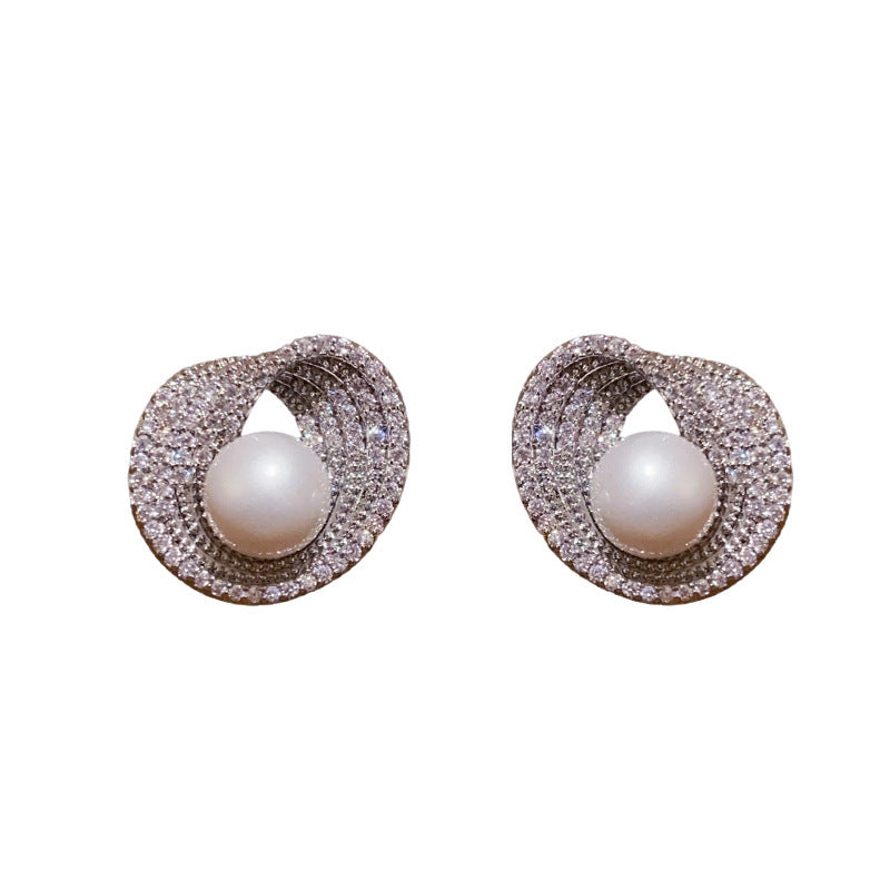 Sier Needle Zircon Irregular Round Pearl Light Luxury High-grade Refined Earrings