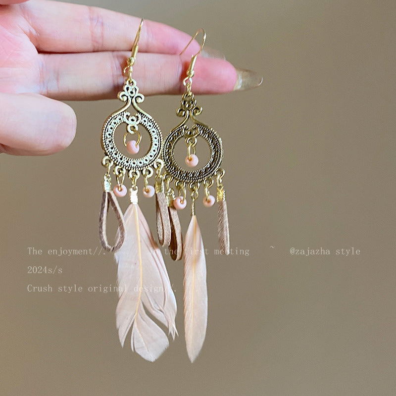 Style Retro Feather Long Holiday Beads Earrings