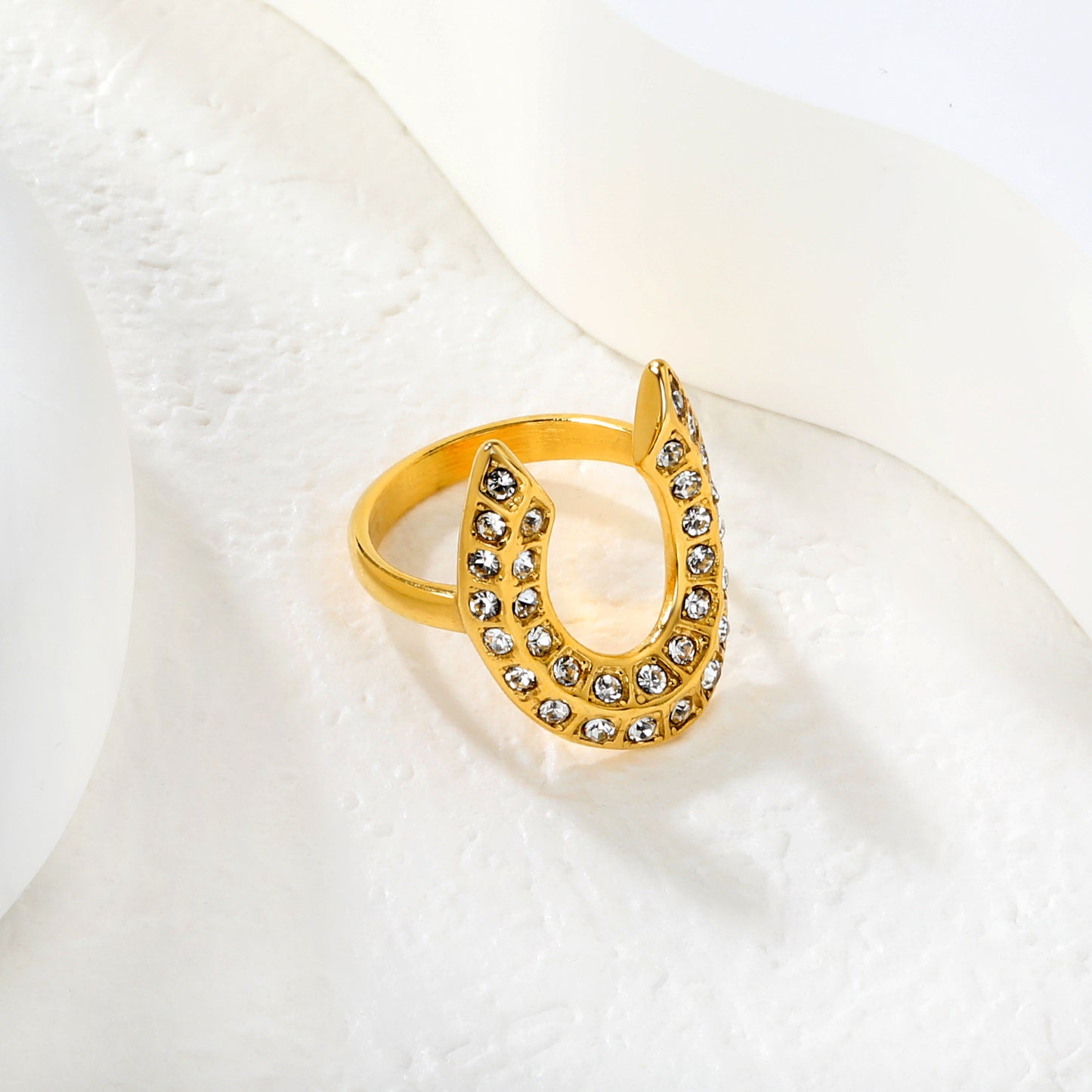 Creative Horseshoe U-shaped With Small Round Diamond Open Stainless Steel Ring