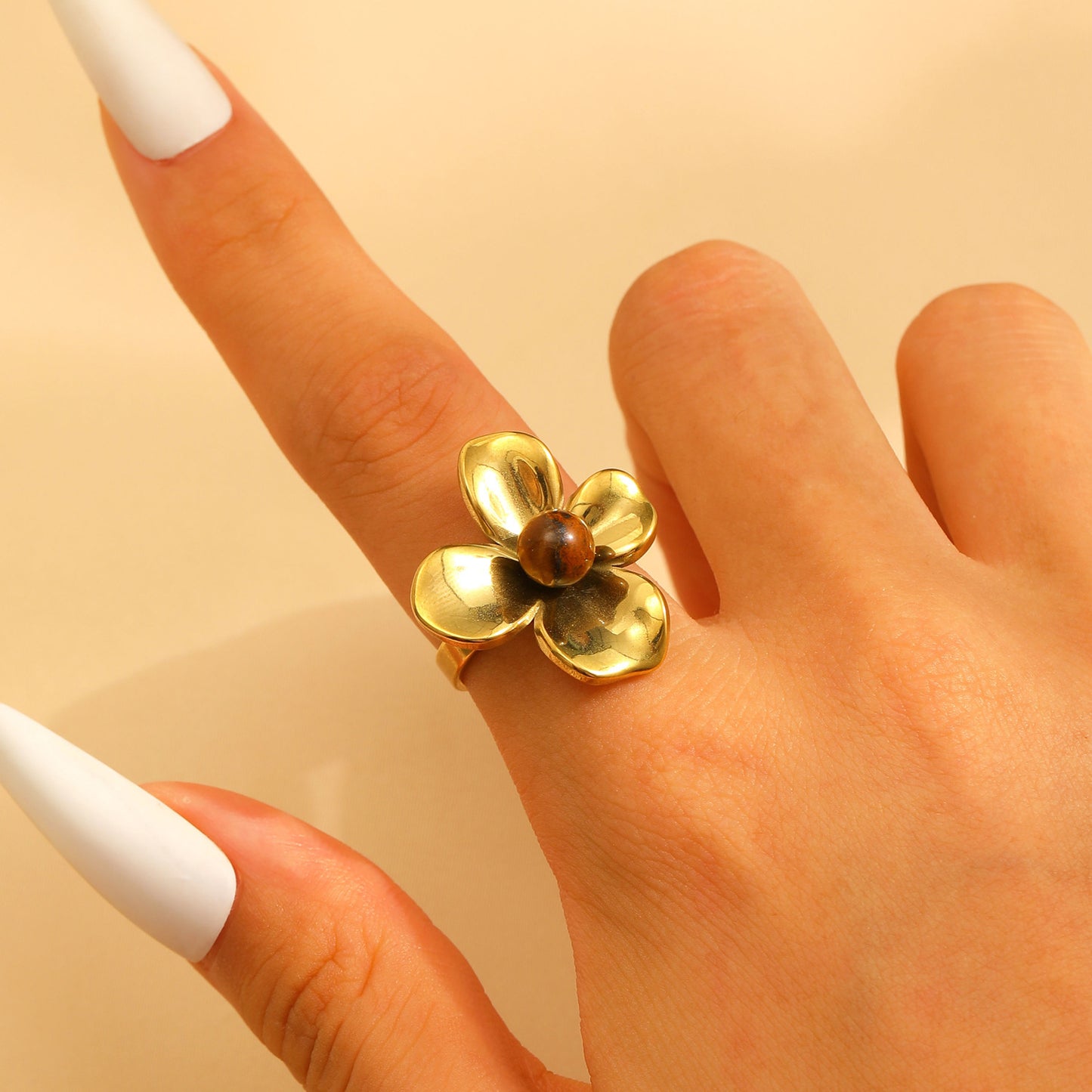 Steel Flower Leaf Female Exaggerated Personalized Hollow Ring