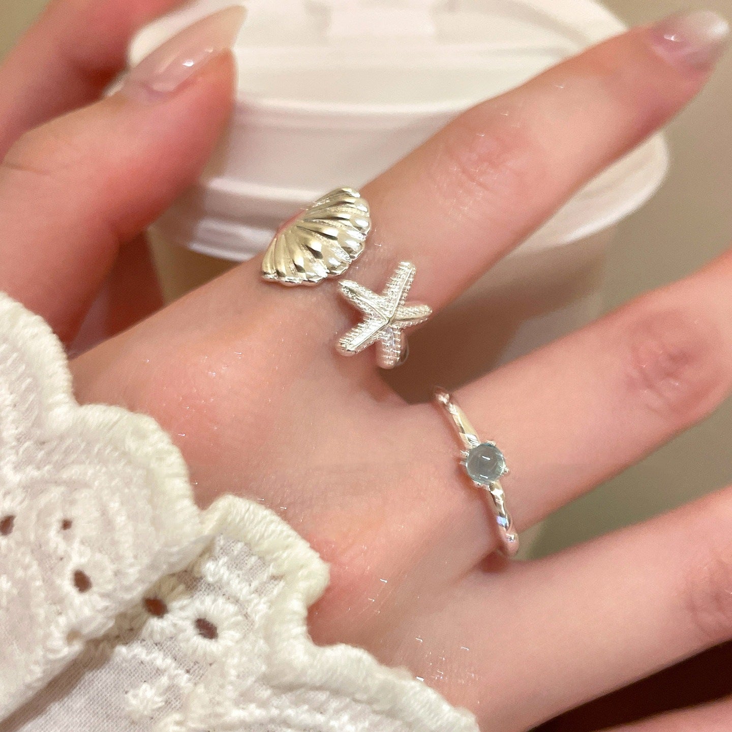 Starfish Shell Female Style Design Mori Blue Open Index Finger Ring