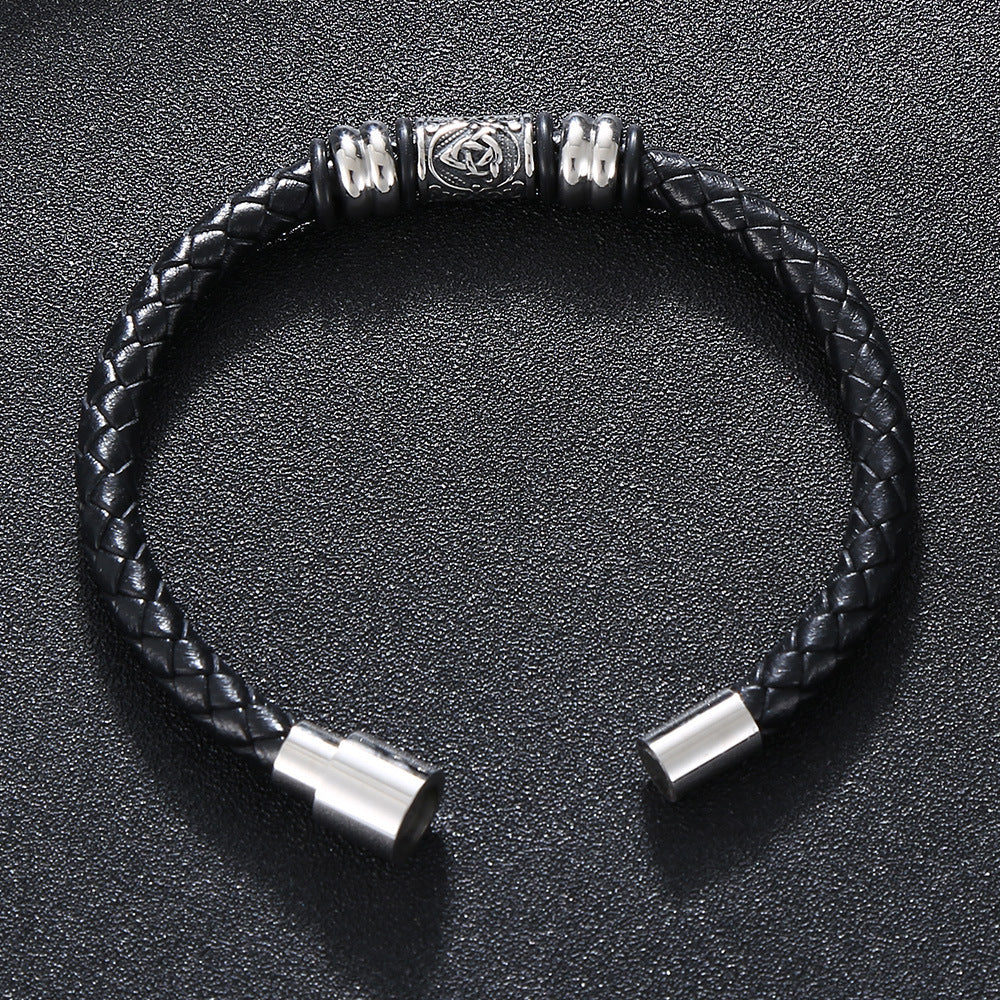 Men's Retro Leather Personality Woven Stainless Steel Magnetic Bracelet