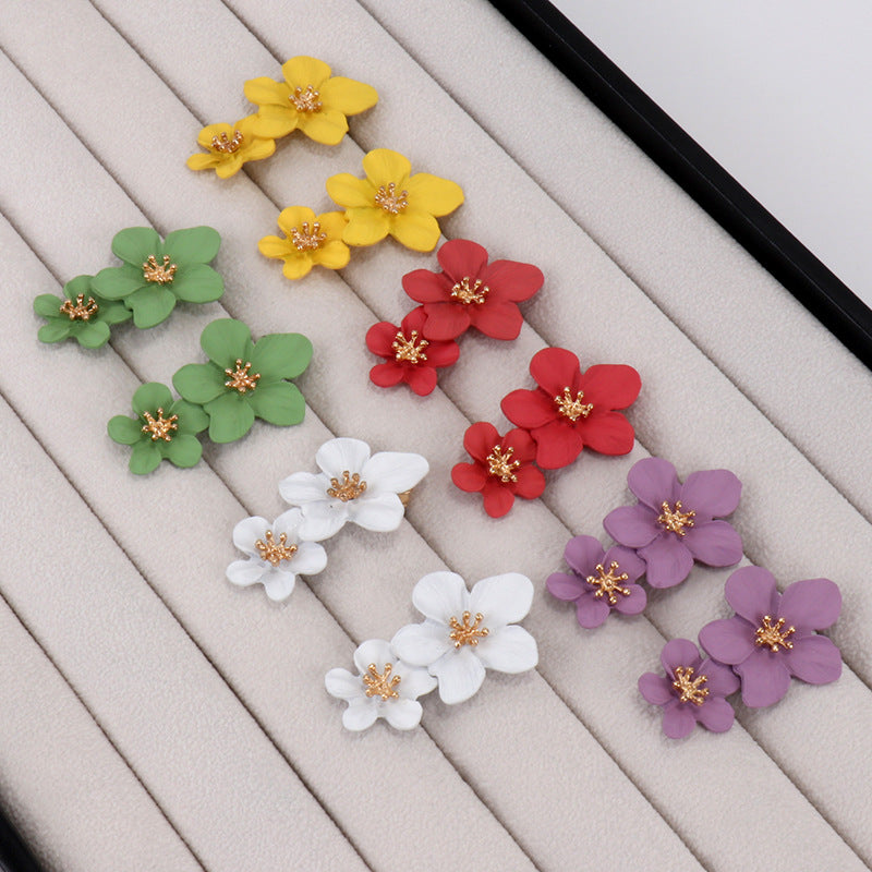 Fashion Personality Trend Multicolor Double Layer Flower Earrings