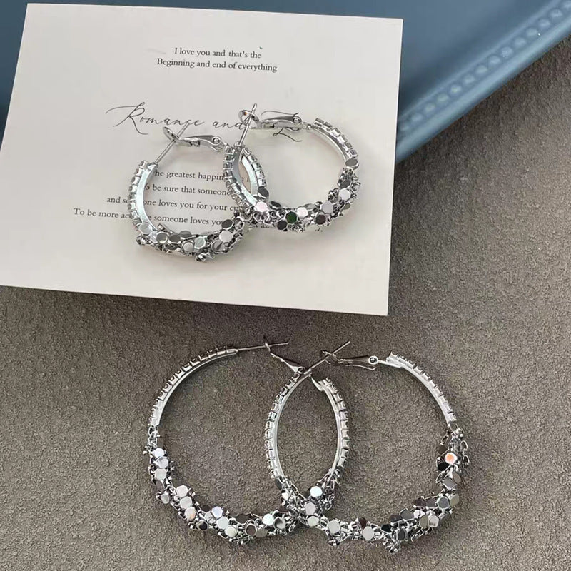 Women's Super Shiny Sier Rhinestone Big Hoop Light Luxury Earrings