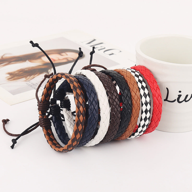 Hand-woven Black Leather Cord Adjustable Unisex Bracelets