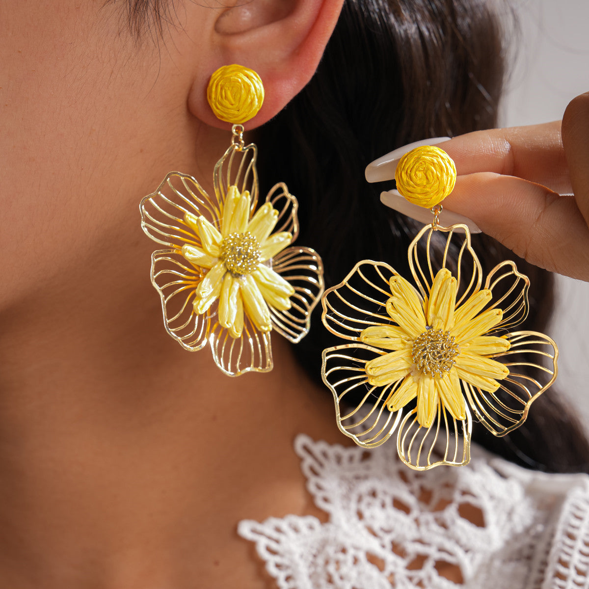 Vacation Style Metal Raffia Flower Sier Sweet Fresh Earrings