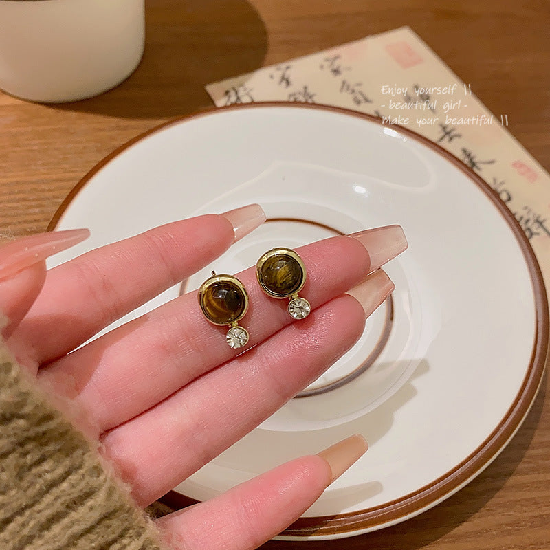 Sier Needle Tigereye Female Advanced Design Sense Stud Earrings
