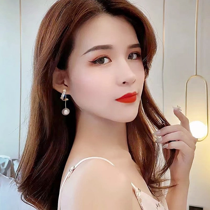 Sier Needle Two-piece Pearl Fashion Dignified Goddess Sense Earrings