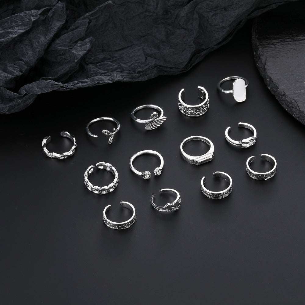 Fishtail Swan Floral Chain Love Moon Pattern Ring