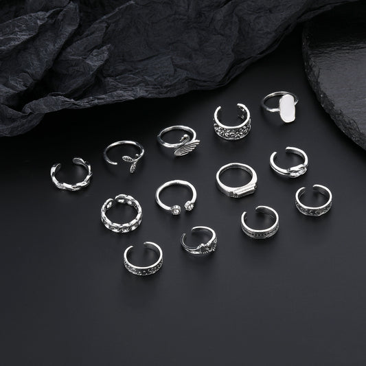 Fishtail Swan Floral Chain Love Moon Pattern Ring