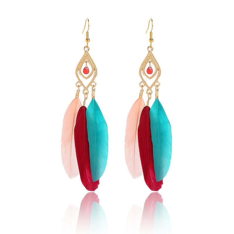 Women's Diamond Alloy Bead Tassel Feather Colorful Earrings