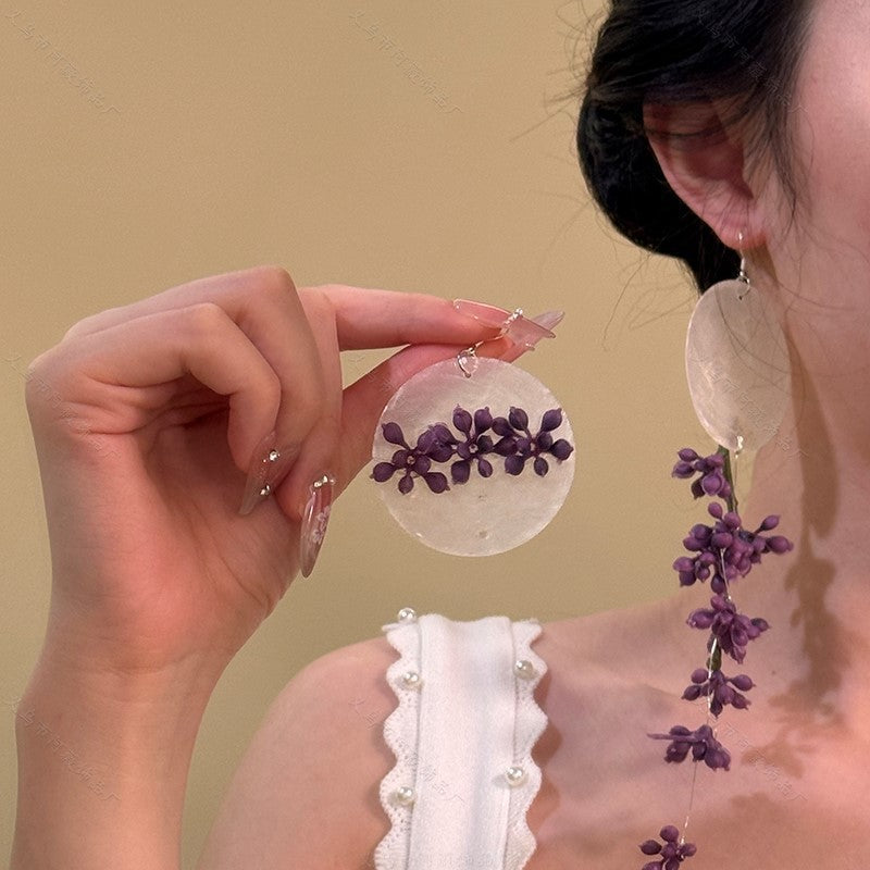 Women's Needle Fabric Purple Flower Tassel Light Luxury High-grade Temperament Fashionable Earrings
