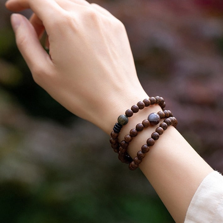 Women's & Men's Double Circle Golden Sandalwood Wooden Buddha Beads Couple Retro Hand Bracelet