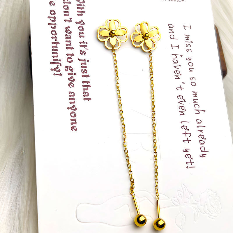 Women's Steel Frosted Gold Clover Lines Rose Temperamental Tassels Stainless Long Ear Line