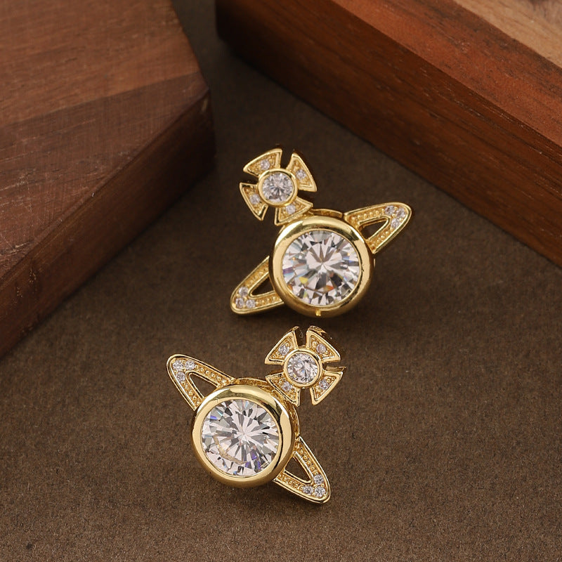 Full Rhinestone Zircon Queen Mother Saturn Light Luxury Simplicity Stud Earrings