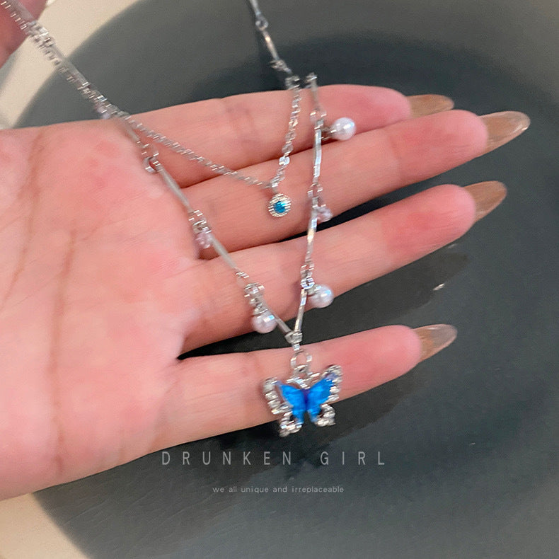 Summer Navy Blue Pearl Butterfly Female Necklace