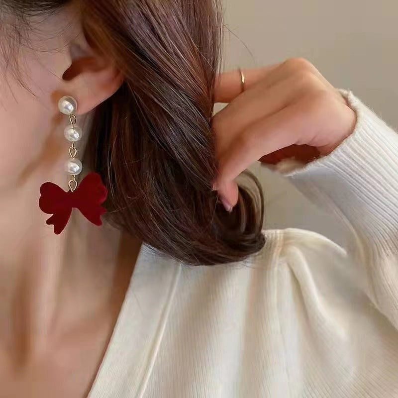 Bow Tassel Pearl Female Fairy Red Earrings