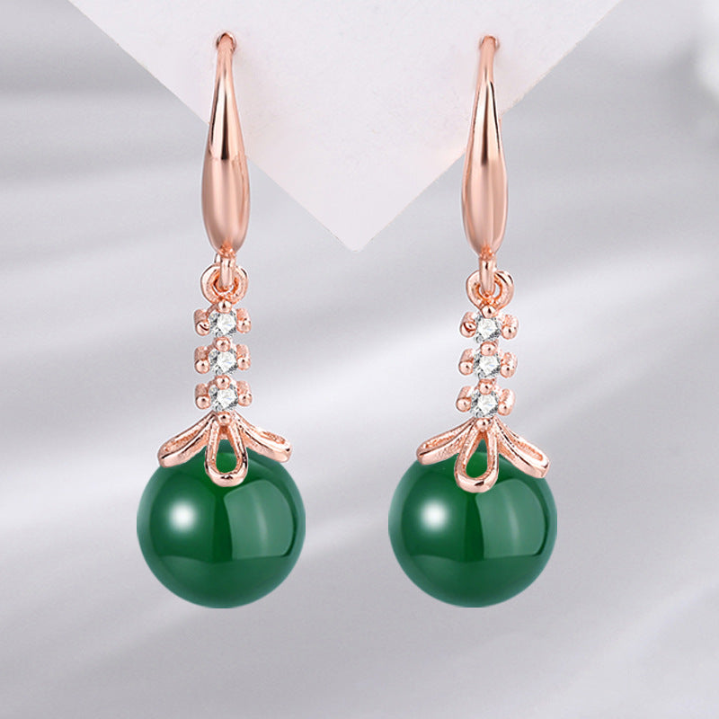 Women's Green Agate Sier Plated Zircon Carnelian Long Earrings