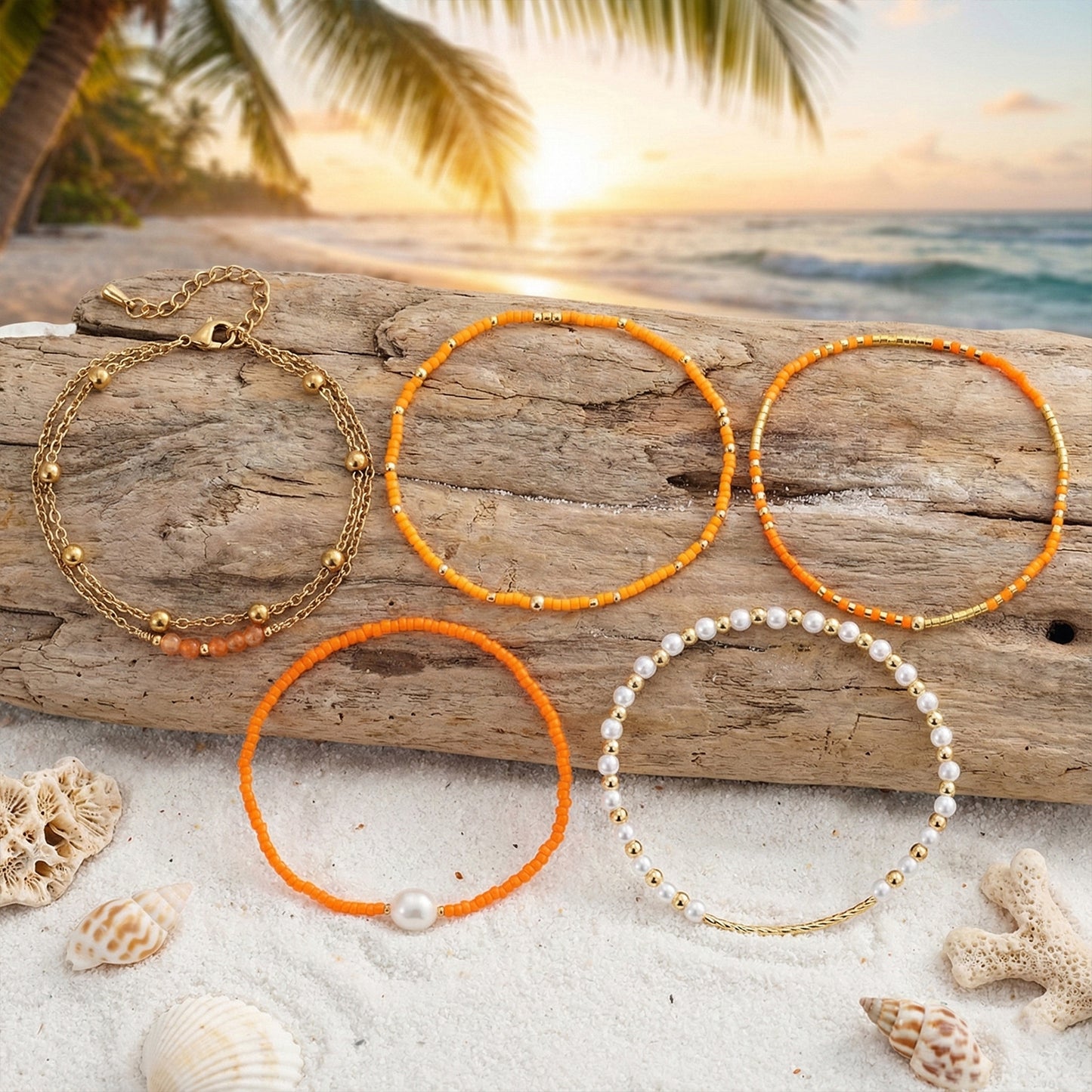 Summer Beach Style Orange Bead Pearl Twin Bracelet